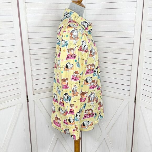 Chatterprintz Cats on Mats Button Up Shirt Yellow Small Long Sleeve - Picture 3 of 11